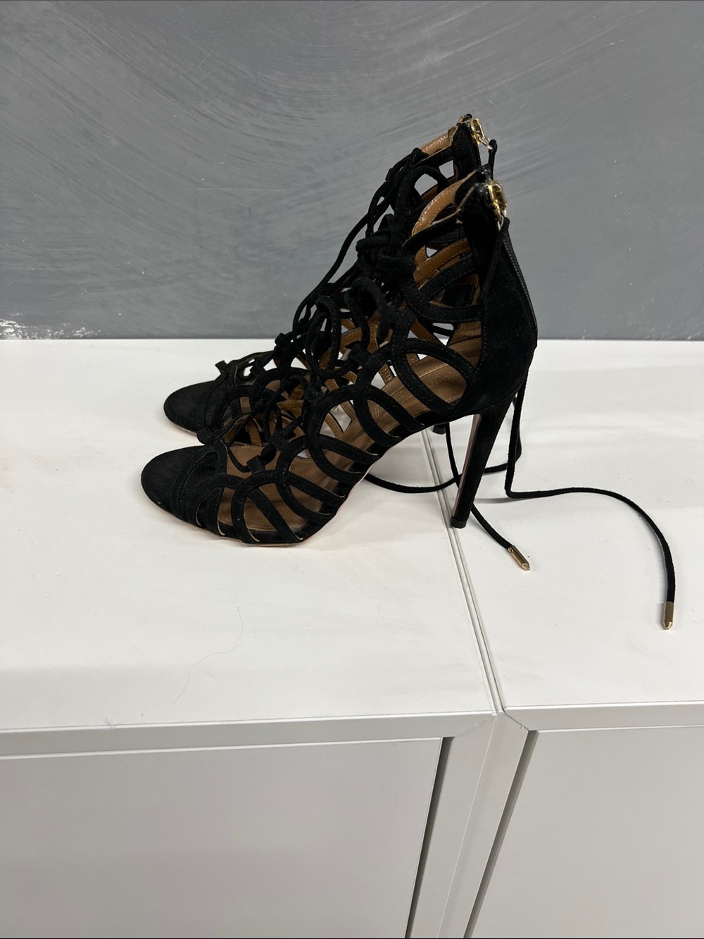 Aquazzura Black Lace-Up Cutout Cage Stiletto Heels